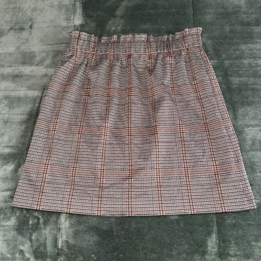 Plaid Paperbag Waist Mini Skirt Grey Brown A-Line Lined Size Medium Boho Casual